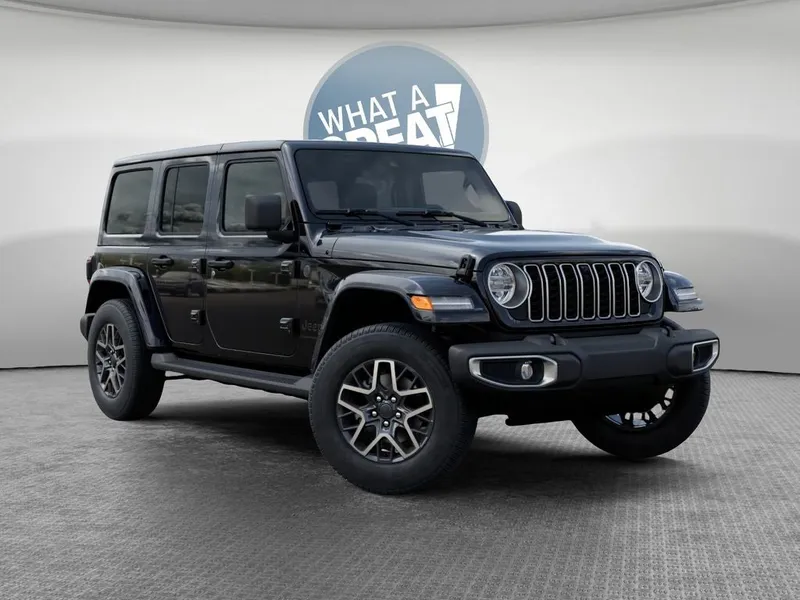 2025 Jeep Wrangler Sahara in Black Clear-Coat Exterior Paint — front three-quarter view