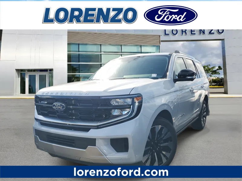 2026 Ford Expedition Platinum in Space Silver Metallic — front three-quarter view