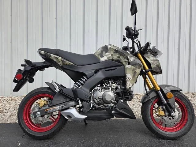 2025 Kawasaki Z125 PRO Cypher Camo Beige — front three-quarter view