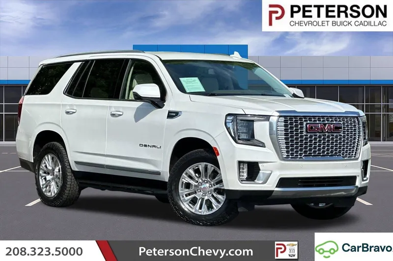 2024 GMC Yukon Denali in White Frost Tricoat — front three-quarter view