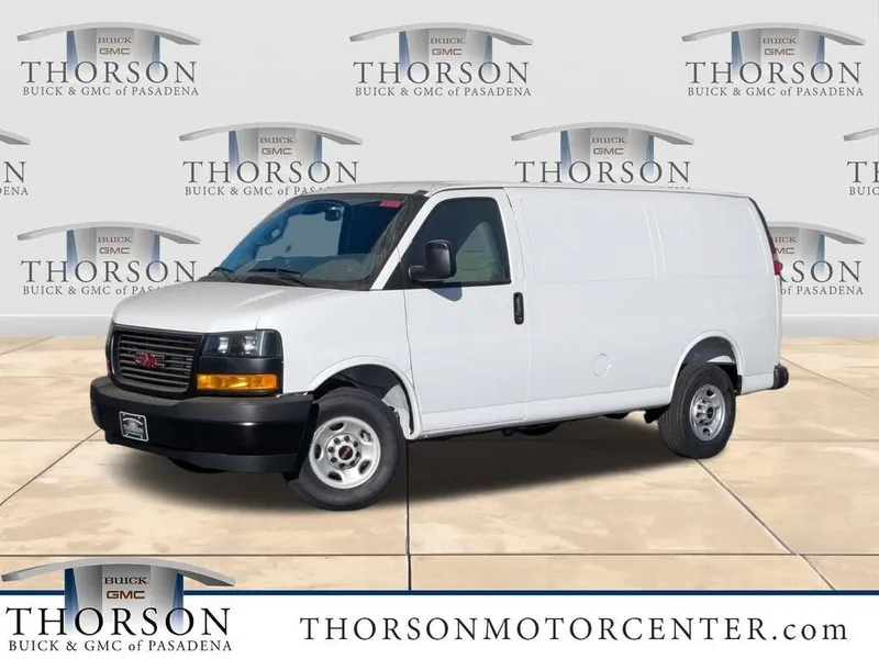 2026 GMC Savana Cargo Work Van in Summit White — front three-quarter view