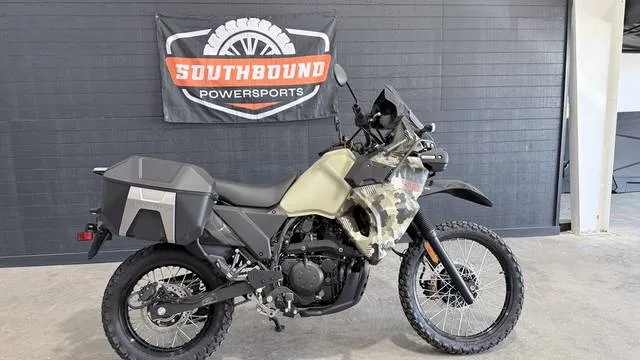2026 Kawasaki KLR®650 Adventure ABS Cypher Camo Beige — front three-quarter view