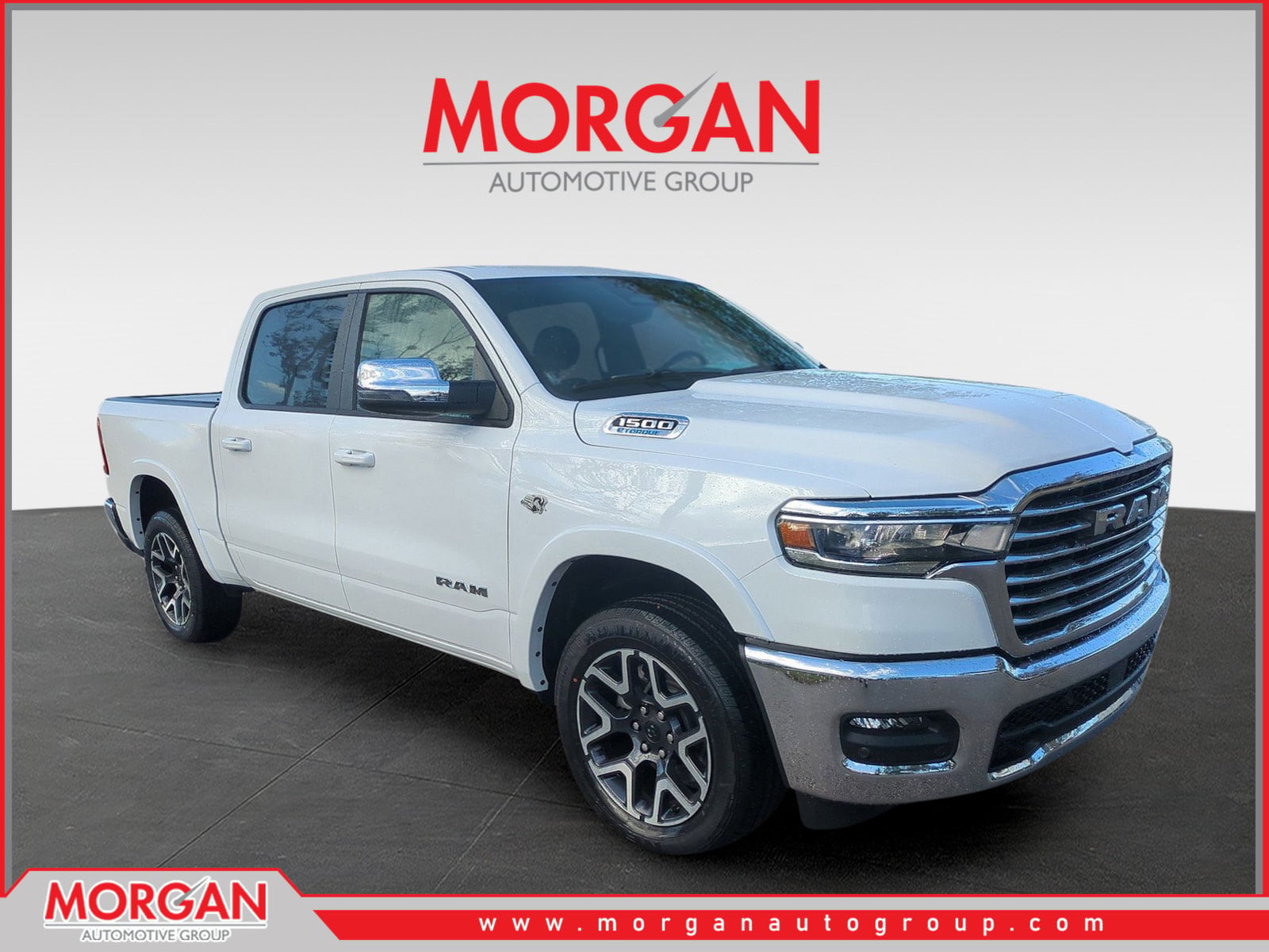 2026 Ram 1500 Laramie in White — front three-quarter view