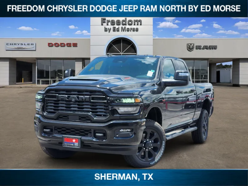 2026 RAM Ram 2500 RAM 2500 BLACK EXPRESS CREW CAB 4X4 6'4' BOX in Diamond Black Crystal Pearl-Coat Exterior Paint — front three-quarter view