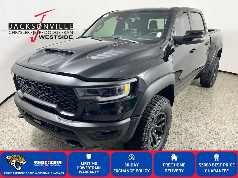 2026 RAM 1500 RHO in Diamond Black Crystal Pearl-Coat Exterior Paint — front three-quarter view