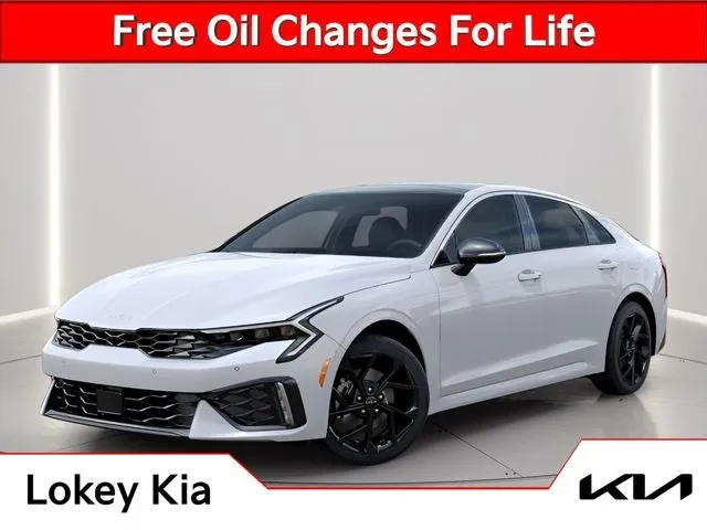 2026 Kia K5 GT-Line in Snow White Pearl — front three-quarter view