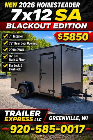 2026 Homesteader 7x12 SA, 7' Interior, Blackout Trim, 2990 GVWR — front three-quarter view