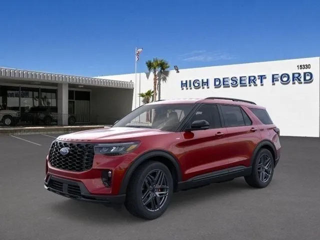 2026 Ford Explorer ST-Line in Red Metallic — front three-quarter view