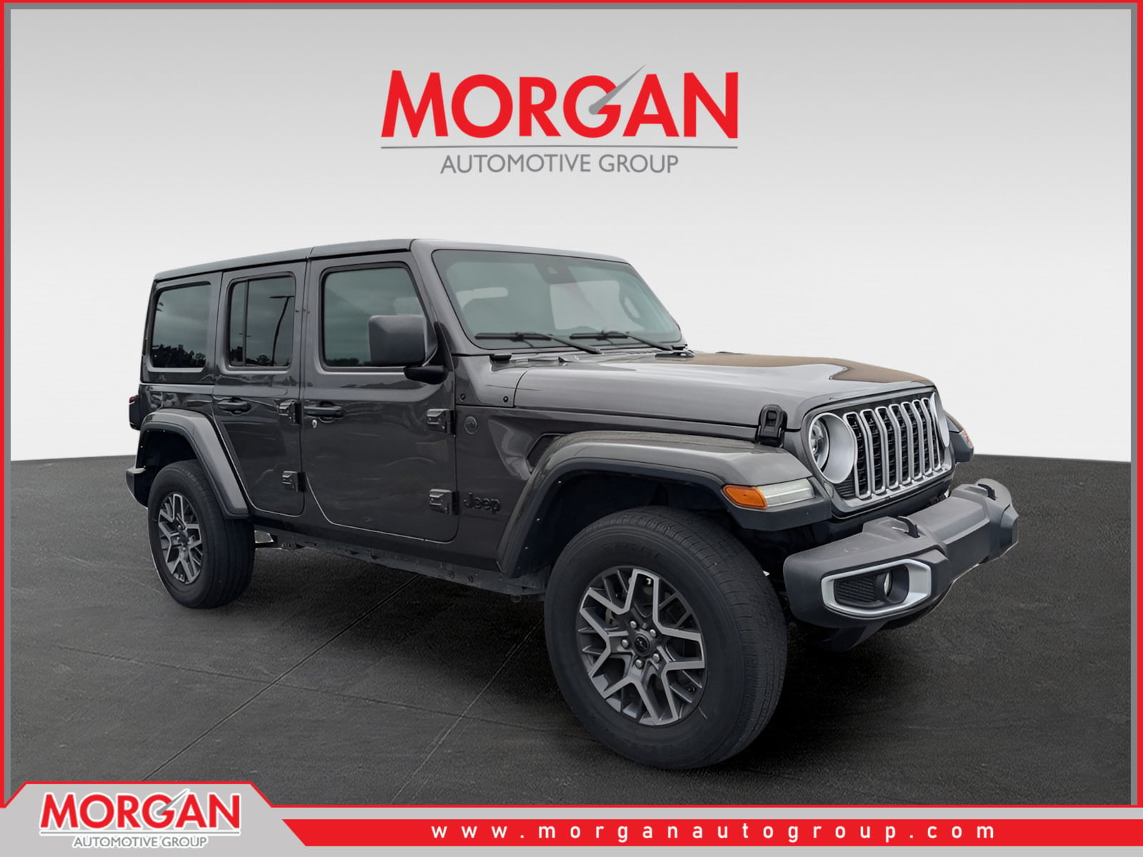 2025 Jeep Wrangler Sahara in Gray — front three-quarter view