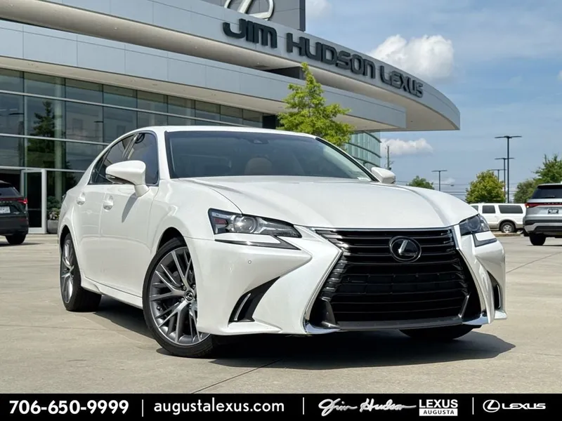 2019 Lexus GS 350 BACKED BY HUDSON in Eminent White Pearl — front three-quarter view