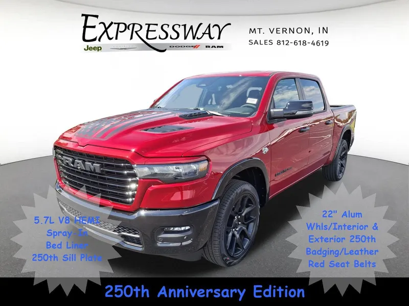 2026 RAM 1500 Laramie 4x4 Crew Cab 5'7 Box in Molten Red Pearl-Coat Exterior Paint — front three-quarter view