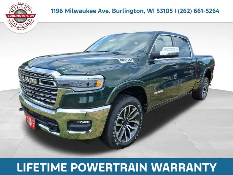 2026 RAM Ram 1500 RAM 1500 LIMITED LONGHORN CREW CAB 4X4 6'4' BOX in Serrano-Green Metallic Exterior Paint — front three-quarter view