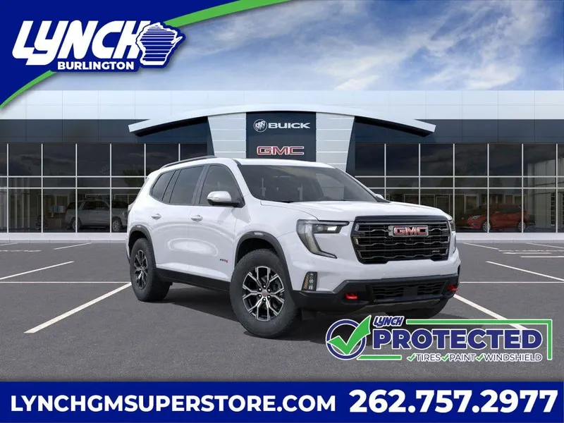 2026 GMC Acadia AT4 in Summit White — front three-quarter view