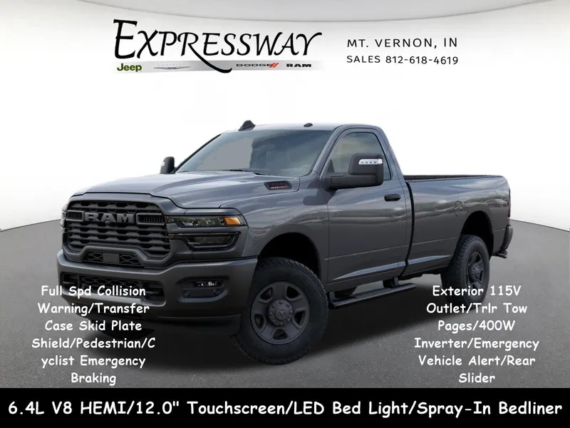 2026 RAM 3500 Tradesman 4x4 Reg Cab 8' Box in Ceramic Gray Clear-Coat Exterior Paint — front three-quarter view