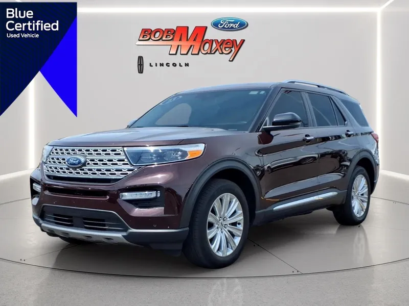2023 Ford Explorer Limited in Jewel Red Metallic Tinted Clearcoat C9 — front three-quarter view