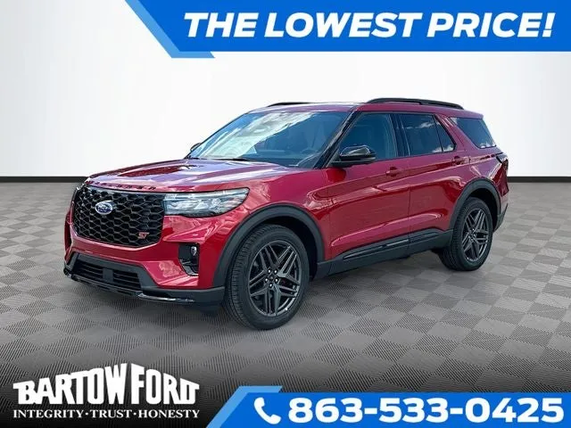 2026 Ford Explorer ST in Red Metallic — front three-quarter view