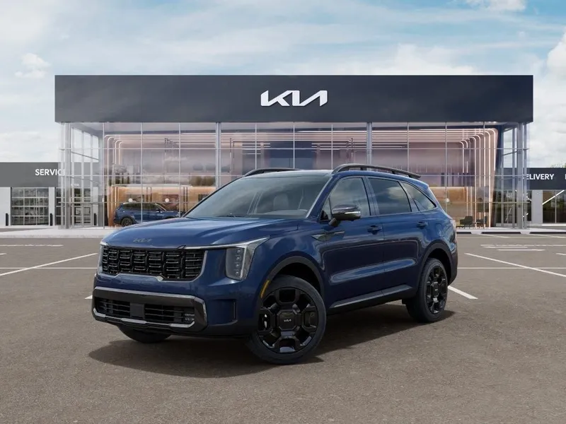2026 Kia Sorento X-Line SX Prestige in Midnight Lake Blue — front three-quarter view