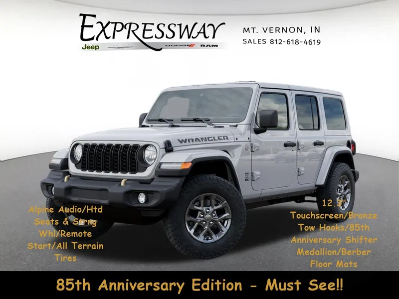 2026 Jeep 4 Dr Wrangler 85th Anniversary in Bright White Clear-Coat Exterior Paint — front three-quarter view