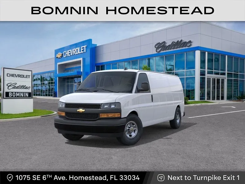 2025 Chevrolet Express Cargo WT in Summit White — front three-quarter view