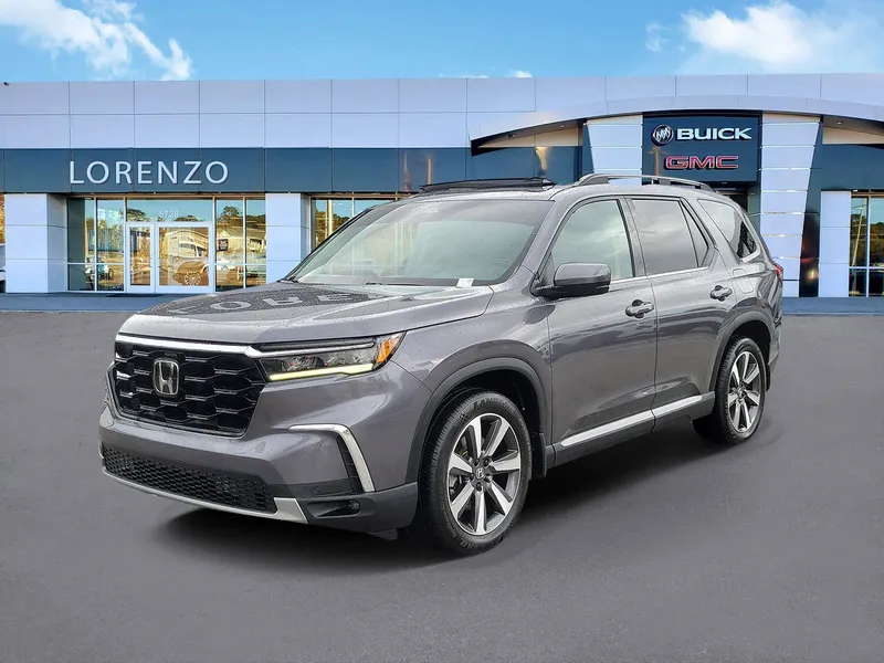 2024 Honda Pilot Touring in Sonic Gray Pearl — front three-quarter view