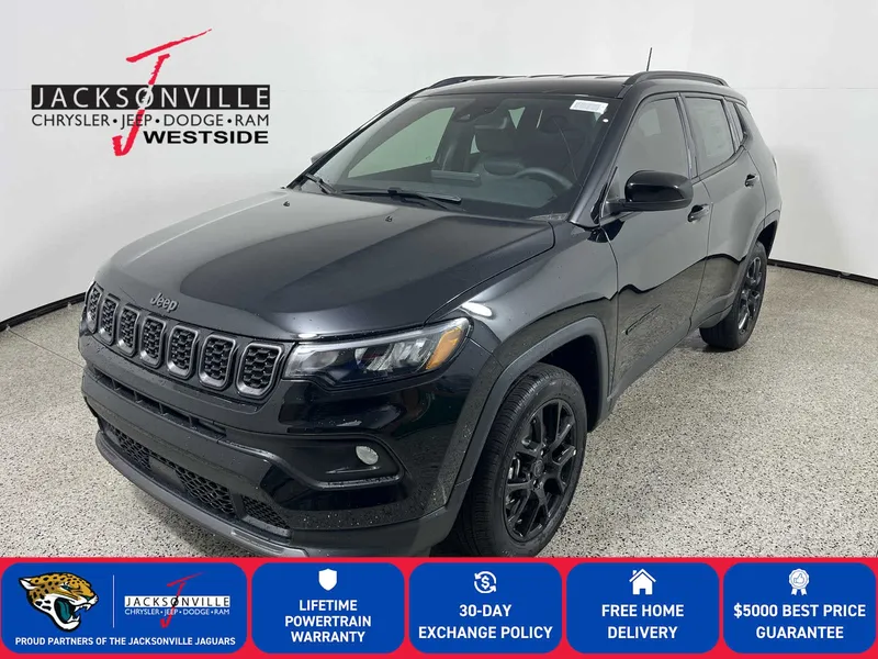 2026 Jeep Compass Latitude in Diamond Black Crystal Pearl-Coat Exterior Paint — front three-quarter view