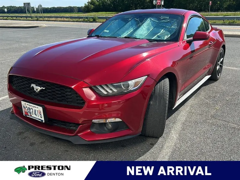 2015 Ford Mustang EcoBoost in Ruby Red Metallic Tinted Clearcoat — front three-quarter view