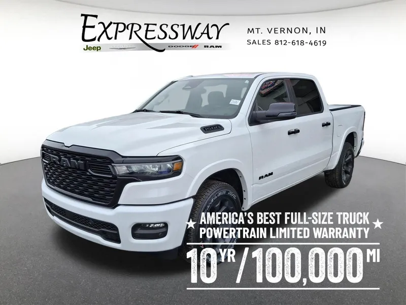 2026 RAM 1500 Big Horn 4x4 Crew Cab 5'7 Box in Bright White Clear-Coat Exterior Paint — front three-quarter view