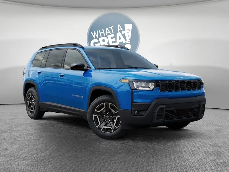 2026 Jeep Cherokee Laredo in Hydro Blue Pearl-Coat Exterior Paint — front three-quarter view