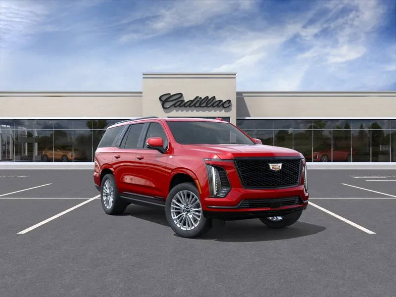 2026 Cadillac Escalade Platinum Sport in Radiant Red Tintcoat — front three-quarter view