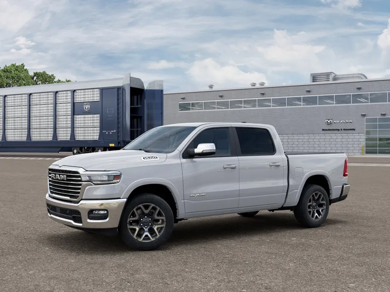 2026 RAM 1500 RAM 1500 LARAMIE CREW CAB 4X4 5'7' BOX in Bright White Clear-Coat Exterior Paint — front three-quarter view