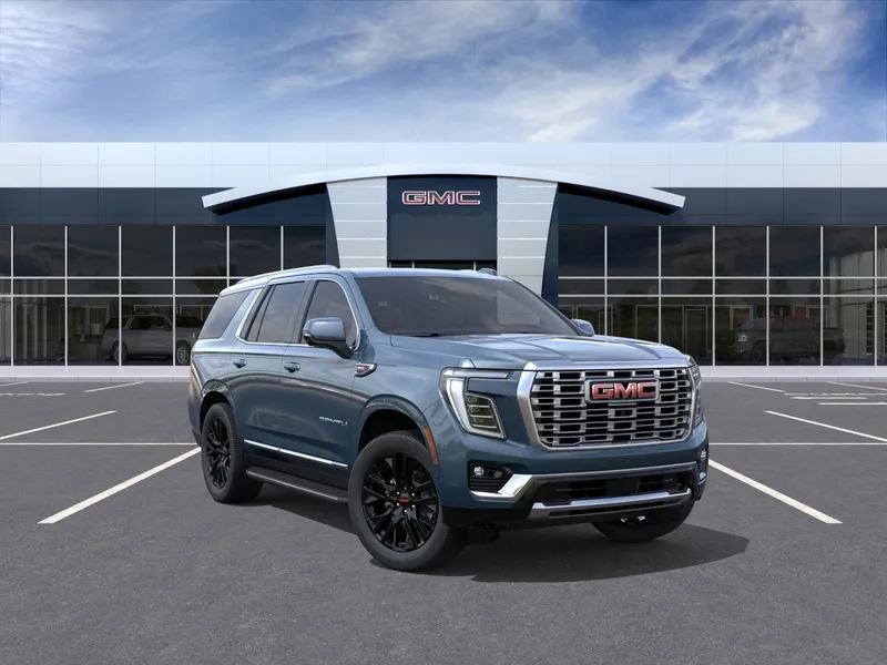 2026 GMC Yukon Denali in Downpour Metallic — front three-quarter view