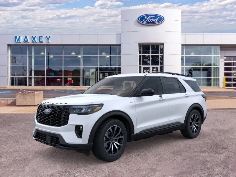 2026 Ford Explorer ST-Line in Star White Metallic Tri-Coat — front three-quarter view