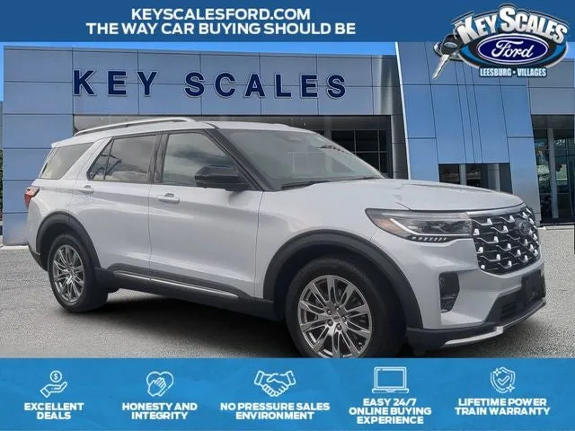 2026 Ford Explorer Platinum in White — front three-quarter view