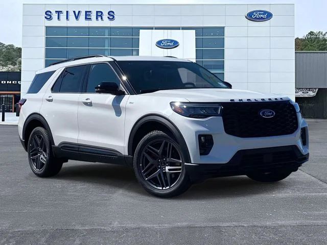 2026 Ford Explorer ST-Line in Star White Metallic Tri-Coat — front three-quarter view