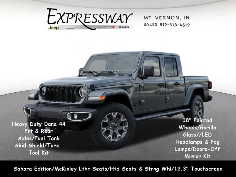2026 Jeep Gladiator Sahara in Anvil Clear-Coat Exterior Paint — front three-quarter view