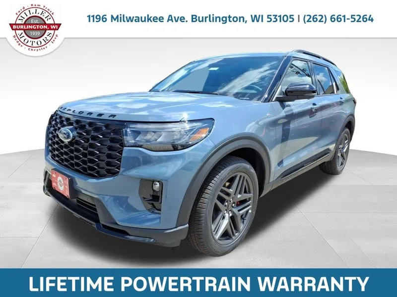 2026 Ford Explorer ST-Line in Vapor Blue — front three-quarter view