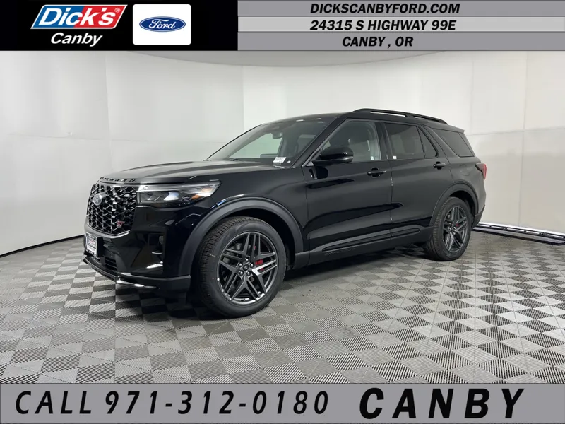 2026 Ford Explorer ST in Agate Black Metallic — front three-quarter view
