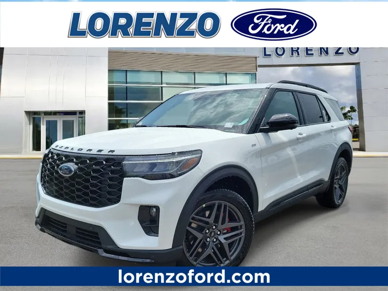 2026 Ford Explorer ST-Line in Star White Metallic Tri-Coat — front three-quarter view