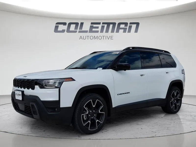 2026 Jeep Cherokee Overland in Bright White Clear-Coat Exterior Paint — front three-quarter view