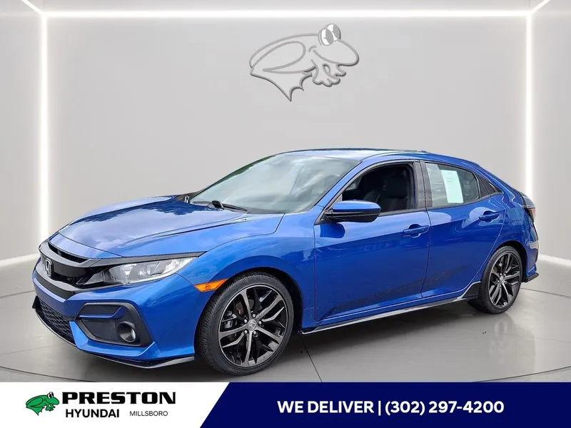 2020 Honda Civic Hatchback Sport in Aegean Blue Metallic — front three-quarter view