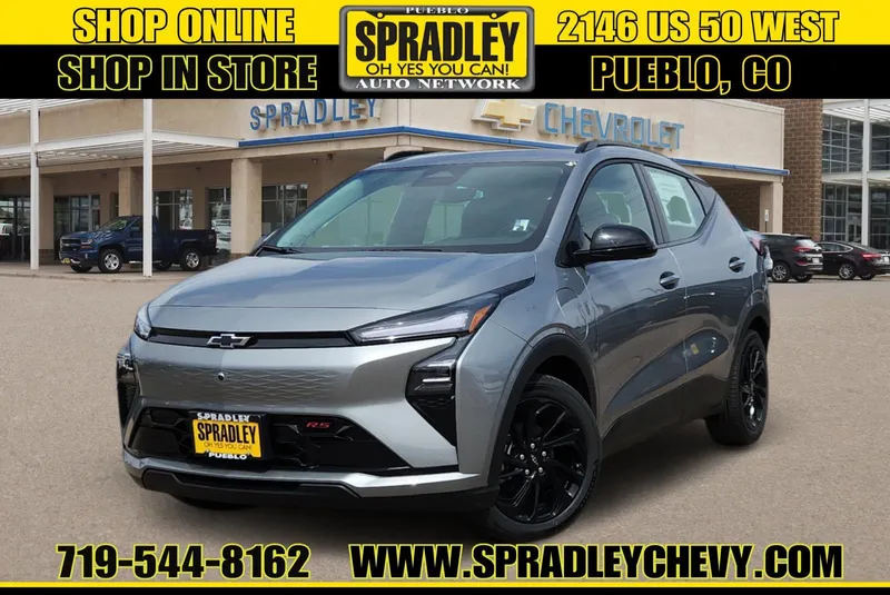 2027 Chevrolet Bolt RS in Sterling Grey Metallic — front three-quarter view