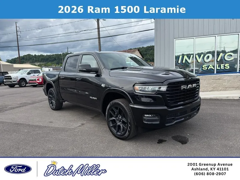 2026 RAM 1500 Laramie in Diamond Black Crystal Pearlcoat — front three-quarter view