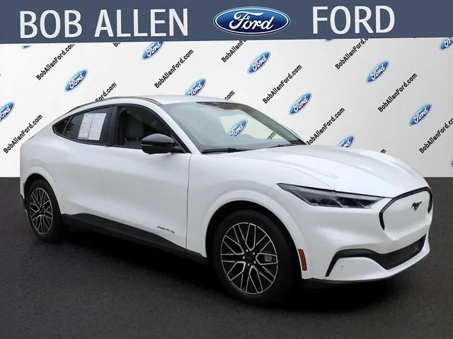 2025 Ford Mustang Mach-E Premium in White Metallic — front three-quarter view