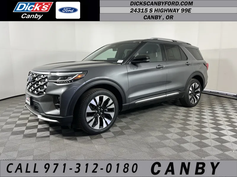 2025 Ford Explorer Platinum in Gray — front three-quarter view