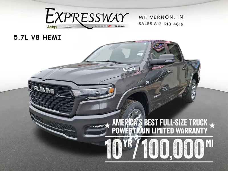 2026 RAM 1500 Big Horn 4x4 Crew Cab 5'7 Box in Granite Crystal Metallic Clear-Coat Exterior Paint — front three-quarter view