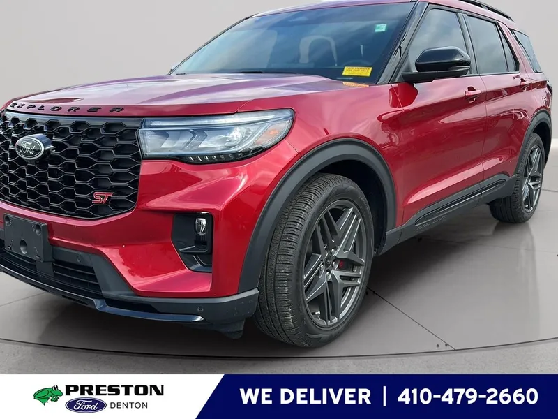2025 Ford Explorer ST in Rapid Red Metallic Tinted Clearcoat — front three-quarter view