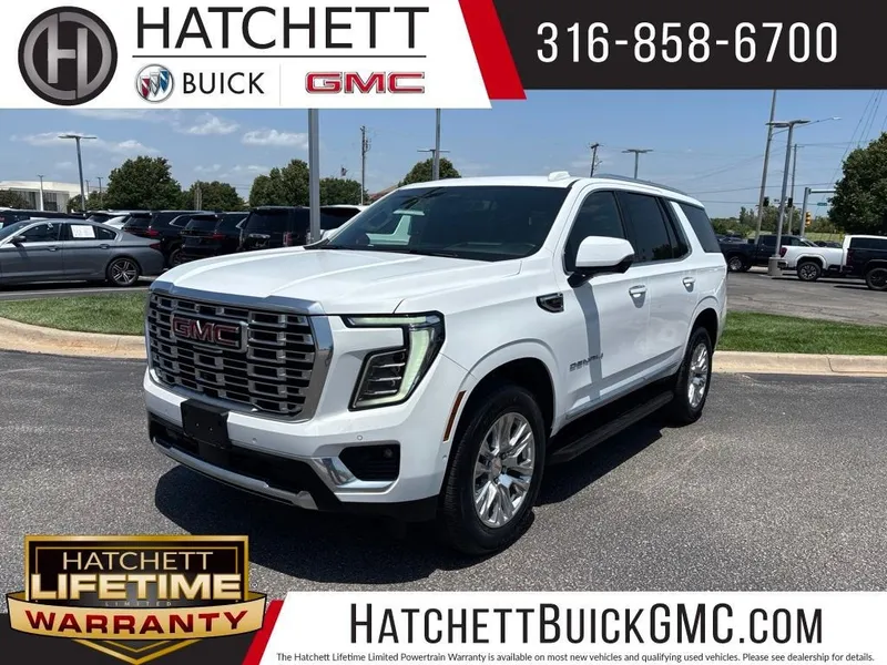 2025 GMC Yukon Denali in Summit White — front three-quarter view