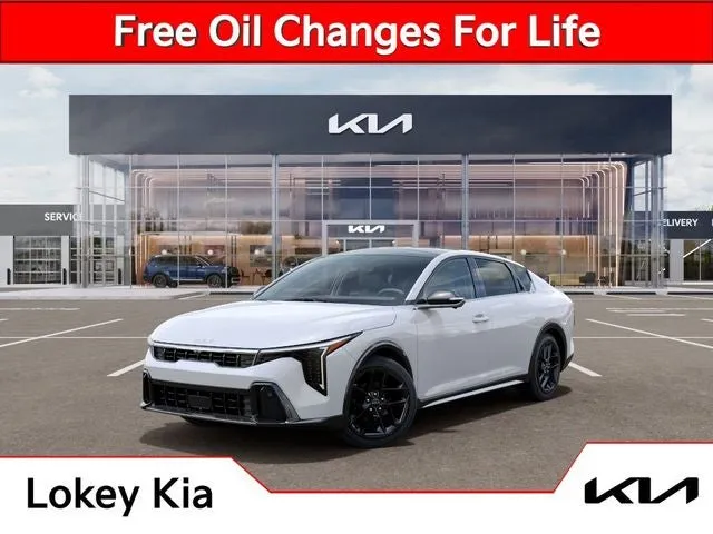 2026 Kia K4 GT-Line Turbo in Snow White Pearl — front three-quarter view